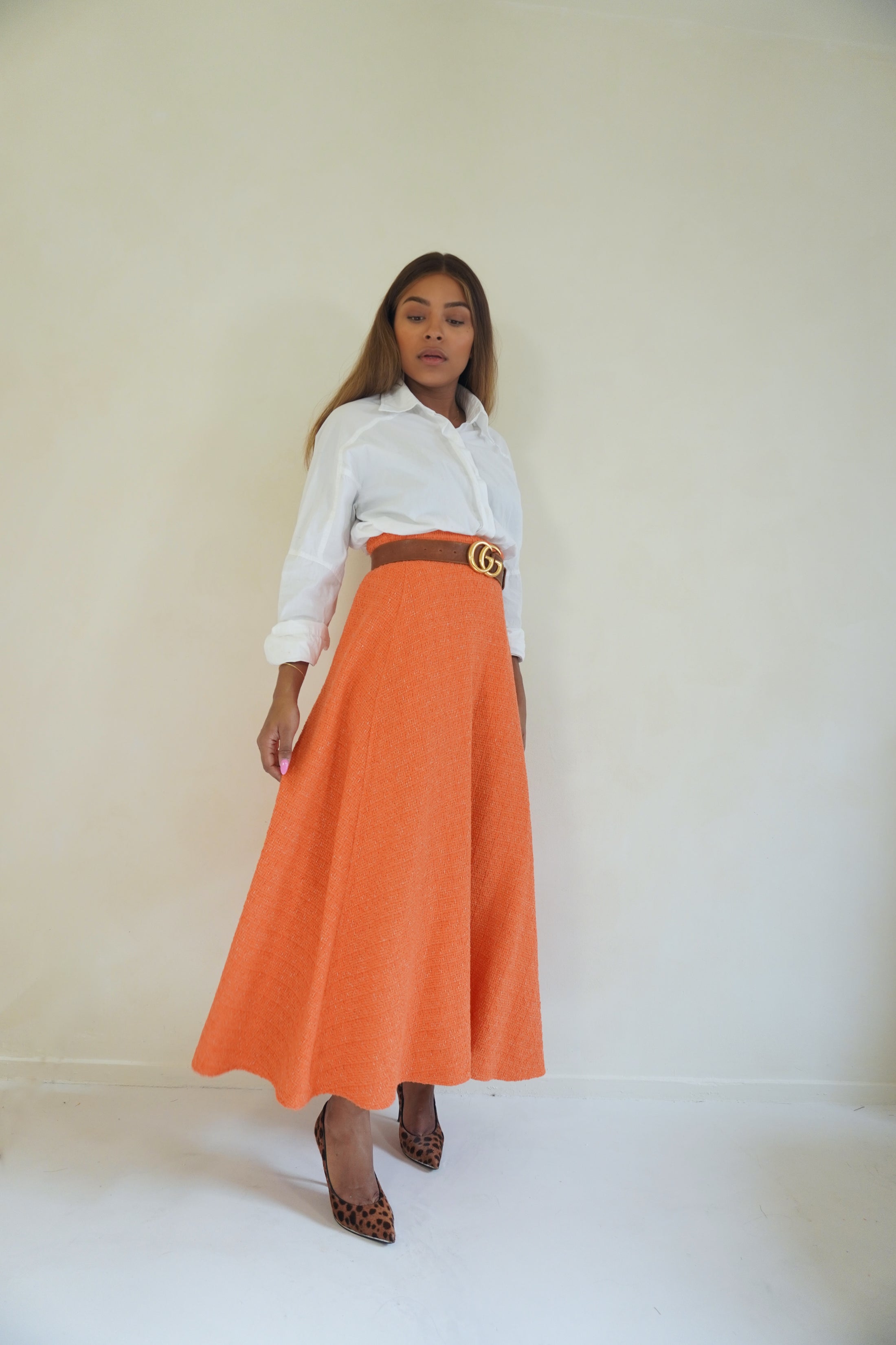 Tweed Flared Skirt - Orange