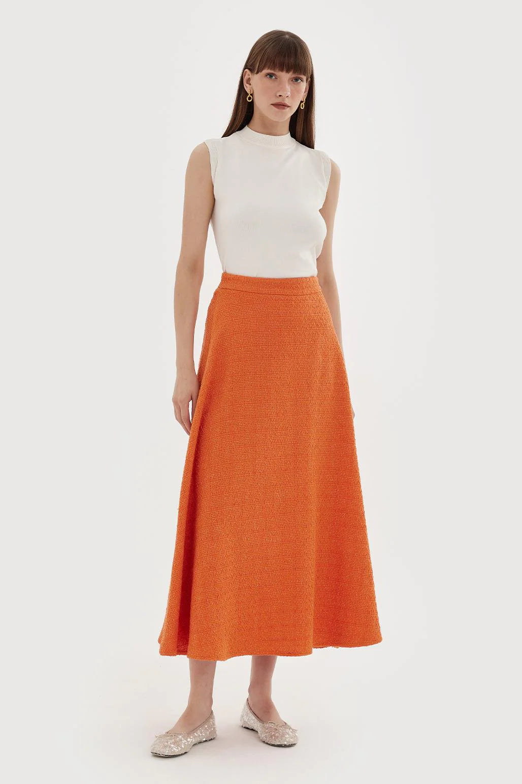 Tweed Flared Skirt - Orange